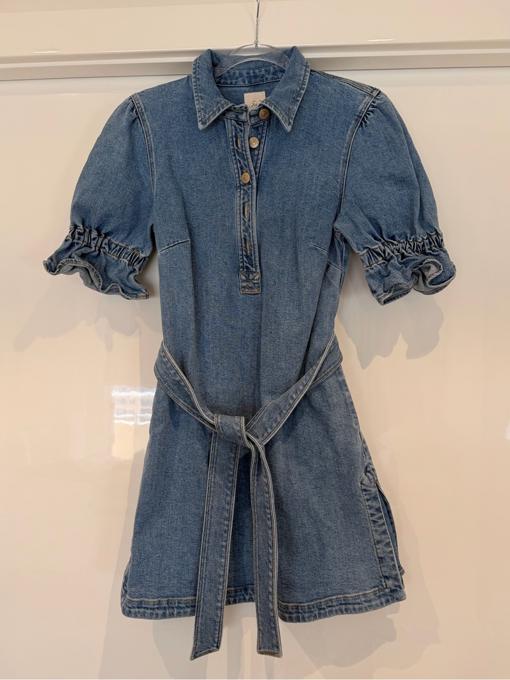 cinq a sept Blue Denim Shirt Dress with Puff Sleeves and Waist Tie